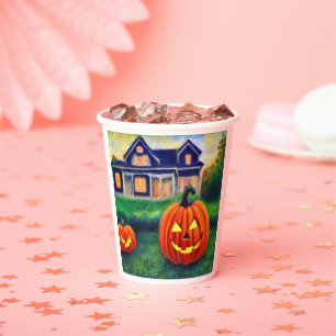 Verlichte Halloweenpompoenen Papieren Bekers