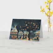 Verlichte kerstbomen en besneeuwde huizen kaart (Gele Bloem)