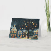 Verlichte kerstbomen en besneeuwde huizen kaart (Voorkant)