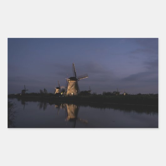 Verlichte windmolen bij Blue Hour rechthoekige sti Rechthoekige Sticker (Voorkant)