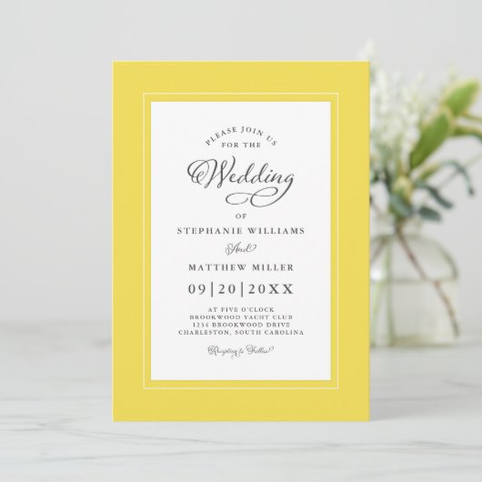 Verlichtend Geel Elegant Wedding Script Trendy Kaart (Staand voorkant)