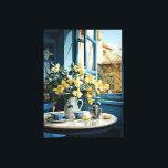 Verlichtende elegantie: Art Deco Stilleven Canvas Afdruk<br><div class="desc">Dompel jezelf onder in de wereld van Art Deco met deze boeiende kunstprint. Verrukking in de serene schoonheid van een stilleven, waar een levendig boeket van gele bloemen centraal staat tegen de achtergrond van een open keukenraam. Nieuw in de scène zijn delicate blauwe porseleinen kopjes en een glanzende zilveren theepot,...</div>