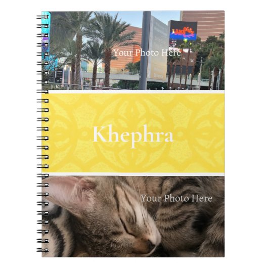 Verlichtende gele batik foto collage rand notitieboek (Voorkant)