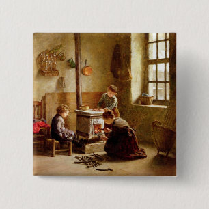 Verlichting de Stove, 1886 (olie op het paneel) Vierkante Button 5,1 Cm