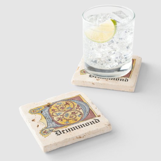 Verlichtingsbrief D (middeleeuws blauw en rood) Stenen Onderzetter (Zijkant)