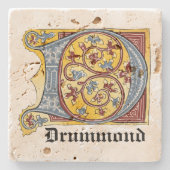 Verlichtingsbrief D (middeleeuws blauw en rood) Stenen Onderzetter (Voorkant)