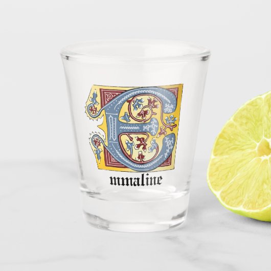 Verlichtingsbrief E (middeleeuws blauw en rood) Shot Glas (Voorkant)