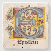 Verlichtingsbrief E (middeleeuws blauw en rood) Stenen Onderzetter (Voorkant)