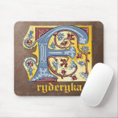 Verlichtingsbrief F (middeleeuws blauw en rood) Muismat (Met muis)