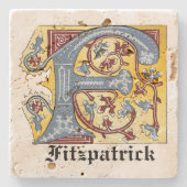 Verlichtingsbrief F (middeleeuws blauw en rood) Stenen Onderzetter (Voorkant)