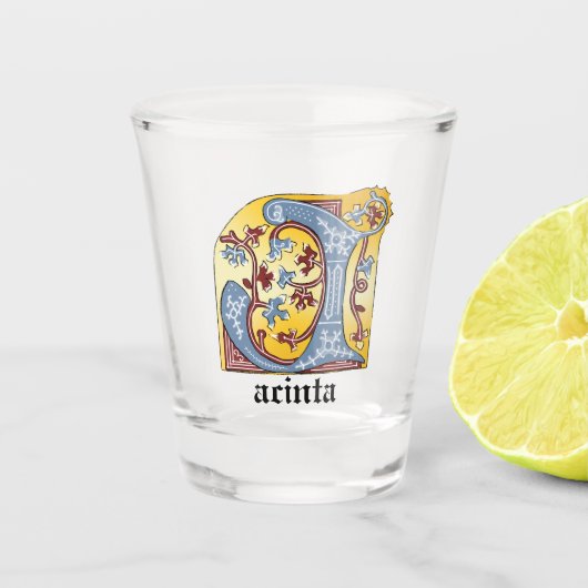 Verlichtingsbrief J (middeleeuws blauw en rood) Shot Glas (Voorkant)