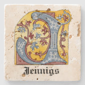 Verlichtingsbrief J (middeleeuws blauw en rood) Stenen Onderzetter (Voorkant)