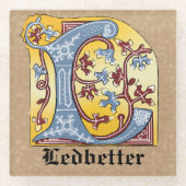 Verlichtingsbrief L (middeleeuws blauw en rood) Glazen Onderzetter (Voorkant)