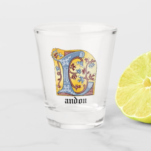 Verlichtingsbrief L (middeleeuws blauw en rood) Shot Glas (Voorkant)