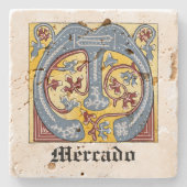 Verlichtingsbrief M (middeleeuws blauw en rood) Stenen Onderzetter (Voorkant)