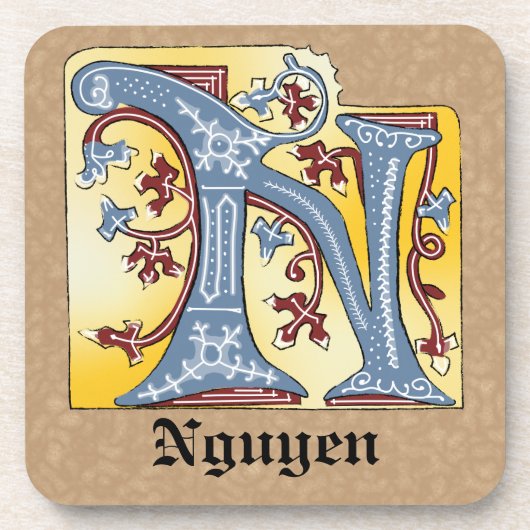 Verlichtingsbrief N (middeleeuws blauw en rood) Bier Onderzetter (Voorkant)