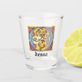 Verlichtingsbrief O (middeleeuws blauw en rood) Shot Glas (Voorkant)