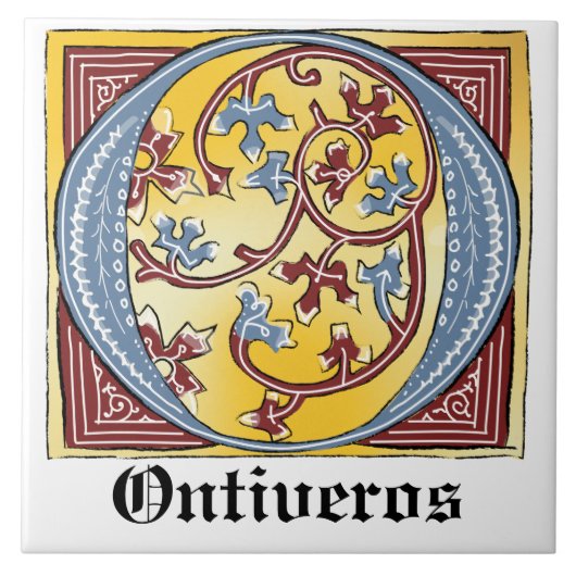 Verlichtingsbrief O (middeleeuws blauw en rood) Tegeltje (Voorkant)