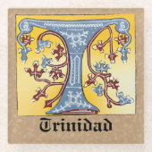 Verlichtingsbrief T (middeleeuwen blauw en rood) Glazen Onderzetter (Voorkant)