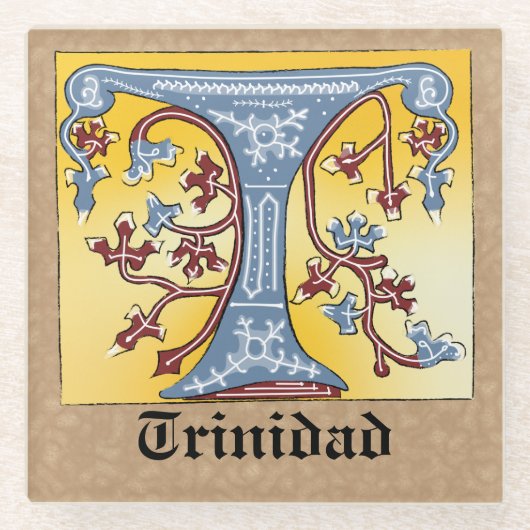 Verlichtingsbrief T (middeleeuwen blauw en rood) Glazen Onderzetter (Voorkant)