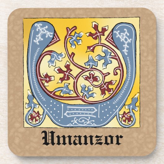 Verlichtingsbrief U (middeleeuws blauw en rood) Bier Onderzetter (Voorkant)