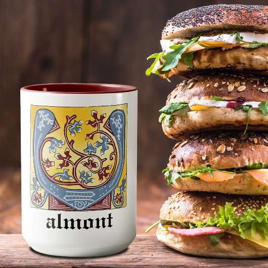 Verlichtingsbrief van middeleeuwen blauw en rood i mok