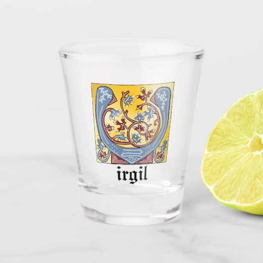 Verlichtingsbrief van middeleeuwen blauw en rood i shot glas (Voorkant)