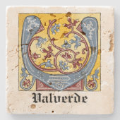 Verlichtingsbrief van middeleeuwen blauw en rood i stenen onderzetter (Voorkant)