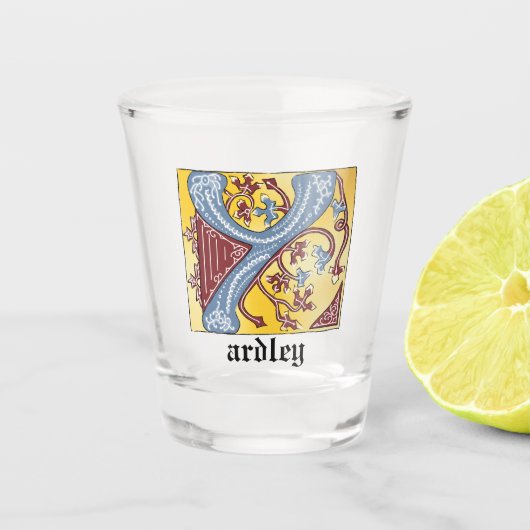 Verlichtingsbrief Y voor middeleeuwen blauw en roo Shot Glas (Voorkant)