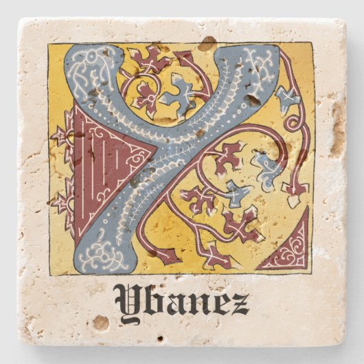 Verlichtingsbrief Y voor middeleeuwen blauw en roo Stenen Onderzetter (Voorkant)