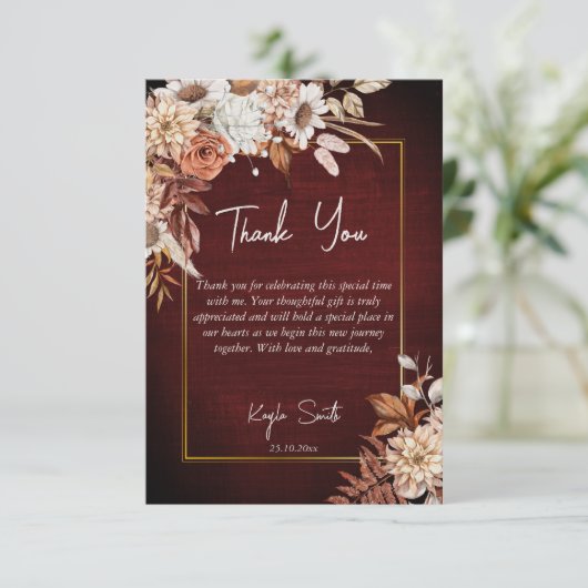 Verliefd boho gedroogde bruine rozen bruidsdouche bedankkaart (Staand voorkant)