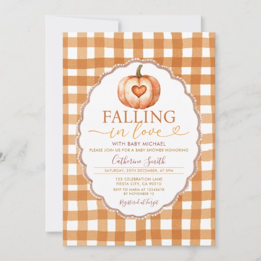 Verliefd Hart Pompoen Baby shower Gingham Kaart (Voorkant)