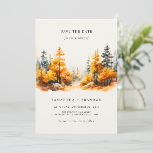 Verliefd in het herfstbos save the date (Staand voorkant)