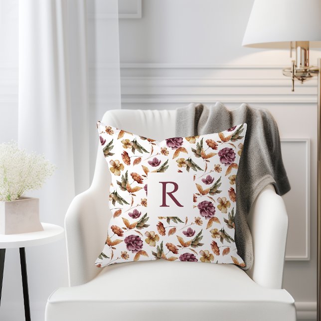 Verliefd Raken Bruidsfeest Kussen (Monogrammed Fall Floral Burgundy Terracotta Sage Green Throw Pillow by Painted Paperie)