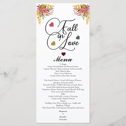 Verliefd Scriptie Bruiloft Menu (Voorkant)