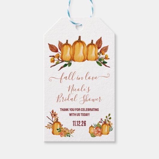 Verliefd worden, oranje pompoen, bloemrijke bruids cadeaulabel (Voorkant)