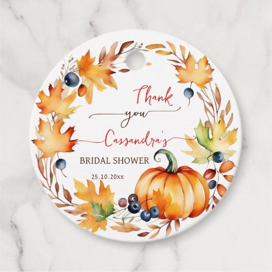 Verliefd worden pompoenbladeren krans bruidsdouche bedankjes labels (Voorkant)