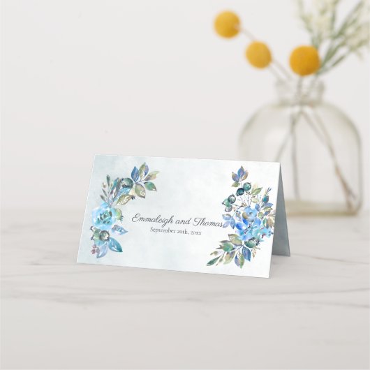 verliefd worden Waterverf blauw bloemenbruiloft Plaatskaartje (Achterkant)