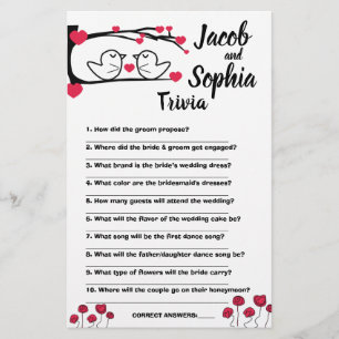 VERLIES BIRD BRIDE EN GROOM TRIVIA SHOWER GAMKAART FLYER