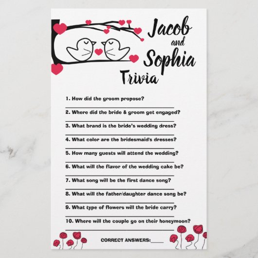 VERLIES BIRD BRIDE EN GROOM TRIVIA SHOWER GAMKAART FLYER (Voorkant)