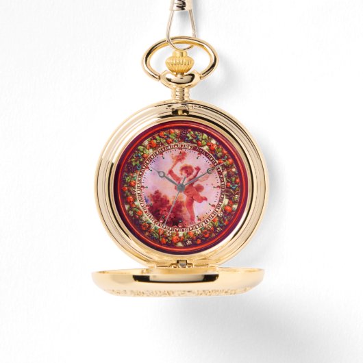 VERLIES DE JESTER, KUPID IN RODE PINKFLORAAL KROGE HORLOGE (Voorkant)