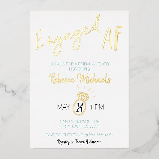 Verloofd AF Gouden Metallic Script Bruiloftsfeest Folie Uitnodiging (Voorkant)