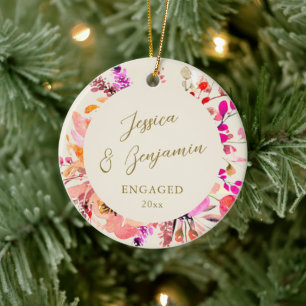 Verloofd Koppel Namen Roze Bloem Kerstmis Keramisch Ornament