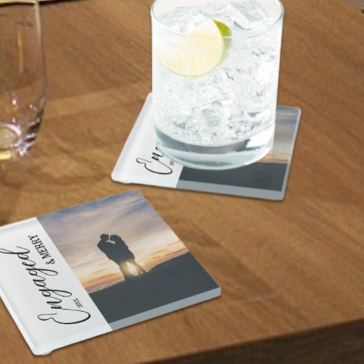 Verloofd & vrolijk paar foto glazen onderzetter