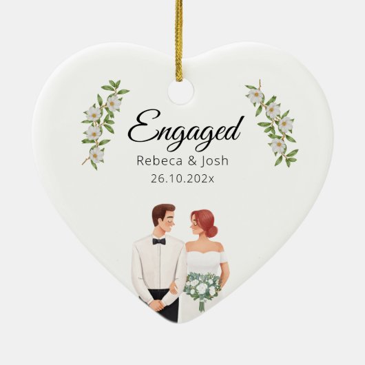 Verloofde Kerst Keepsake Greenery Trouwdatum Keramisch Ornament (Achterkant)