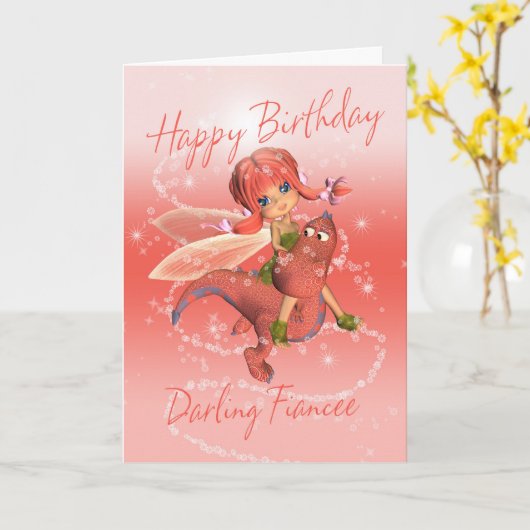 Verloofde Leuke Verjaardagskaart, roze draak met f Kaart (Gele Bloem)