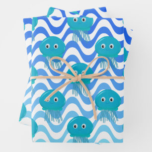 Verloop Blauwe Golven En Kwallen Patroon Inpakpapier Vel