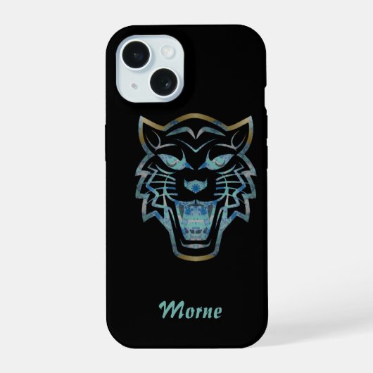 Verloop blauwe tijger silhouet monogram iPhone 15 case (Achterkant)
