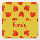 Verlooprode bladeren aangepaste naam geel kartonnen onderzetters (Voorkant)