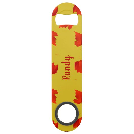 Verlooprode bladeren aangepaste naam geel speed flessenopener (Voorkant)